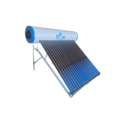 Thumbnail: Left side view of 200L high pressure solar geyser showing angled evacuated tubes and pressurized tank assembly