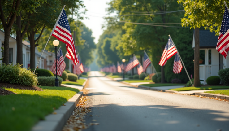 Eye-level view of a peaceful Lake Meeler neighborhood street decorated with American flags for Independence Day