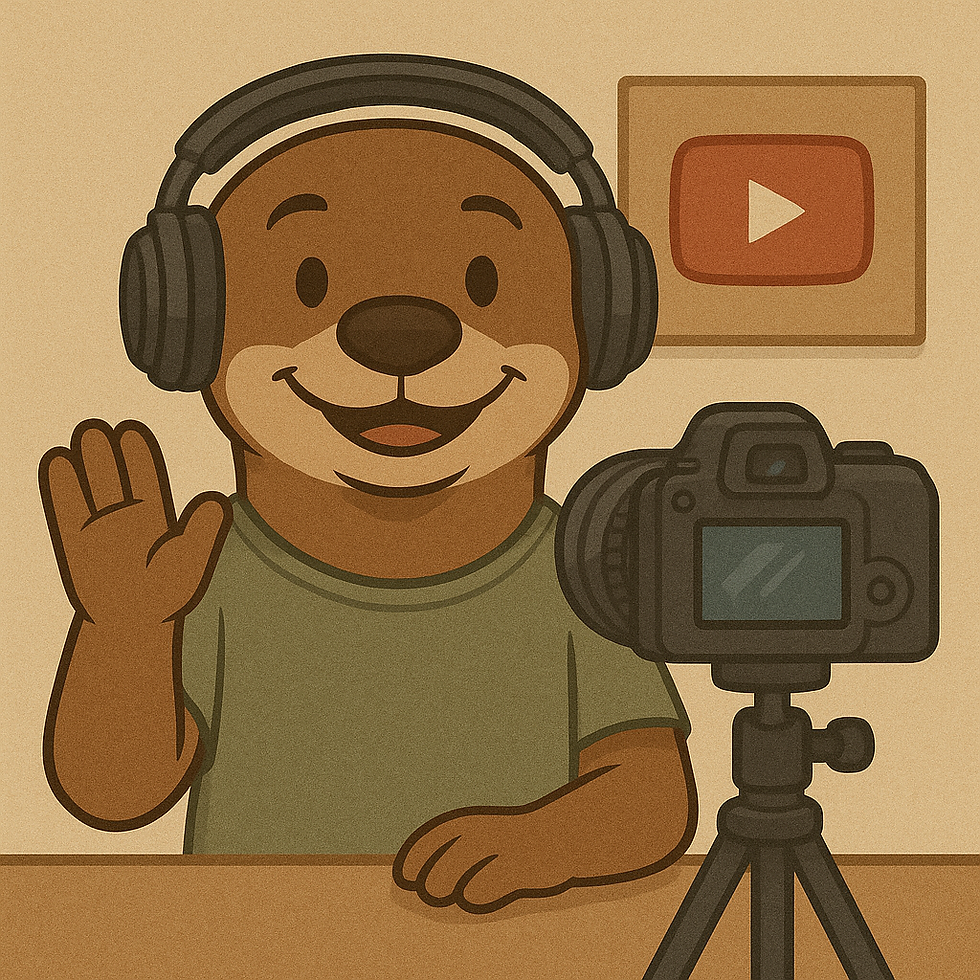 Cartoon otter wearing headphones, waving at a camera on a tripod. YouTube logo on the wall. Cozy atmosphere with a vintage palette.