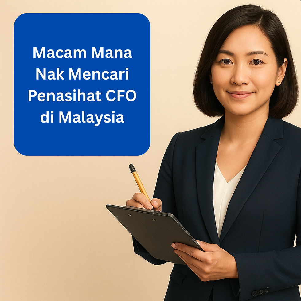 Smiling woman in a navy suit holds a clipboard and pen. Blue box reads: "Macam Mana Nak Mencari Penasihat CFO di Malaysia."