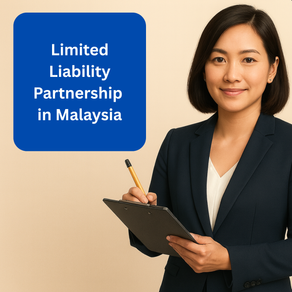 Businesswoman in navy suit holding a clipboard, smiling against beige background. Text on blue box reads "Limited Liability Partnership in Malaysia."