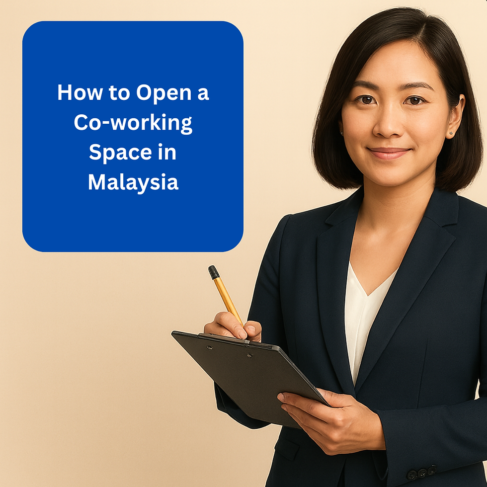 Woman in dark blazer holds clipboard and pencil beside blue title card reading How to Open a Co-working Space in Malaysia.