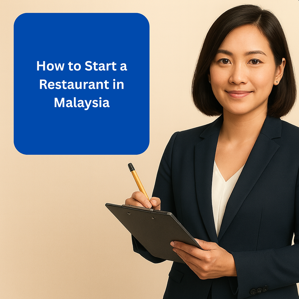 Smiling woman in dark blazer holds a clipboard and pen beside blue panel reading How to Start a Restaurant in Malaysia.
