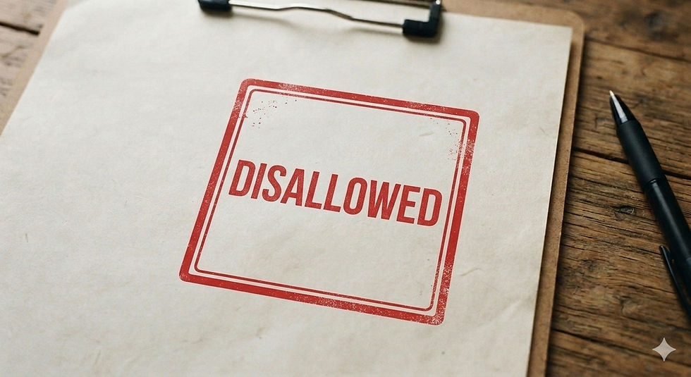 Paper on a wooden desk stamped DISALLOWED in red, with a black pen beside it and a clipboard at the top.