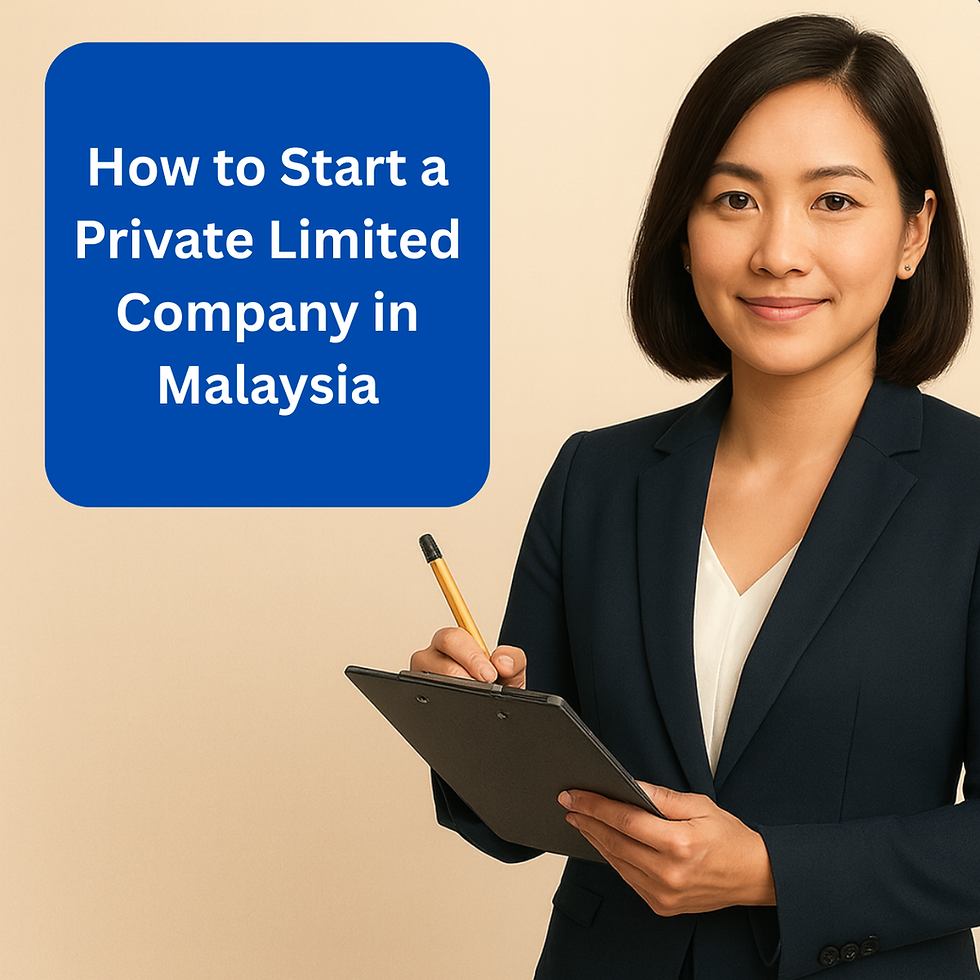 Smiling woman in a suit holds a clipboard and pen. Blue box reads: "How to Start a Private Limited Company in Malaysia." Beige background.