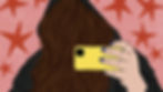 Person with long hair and blue nails takes a selfie with a yellow phone. Red stars on pink background; wearing a hooded garment.