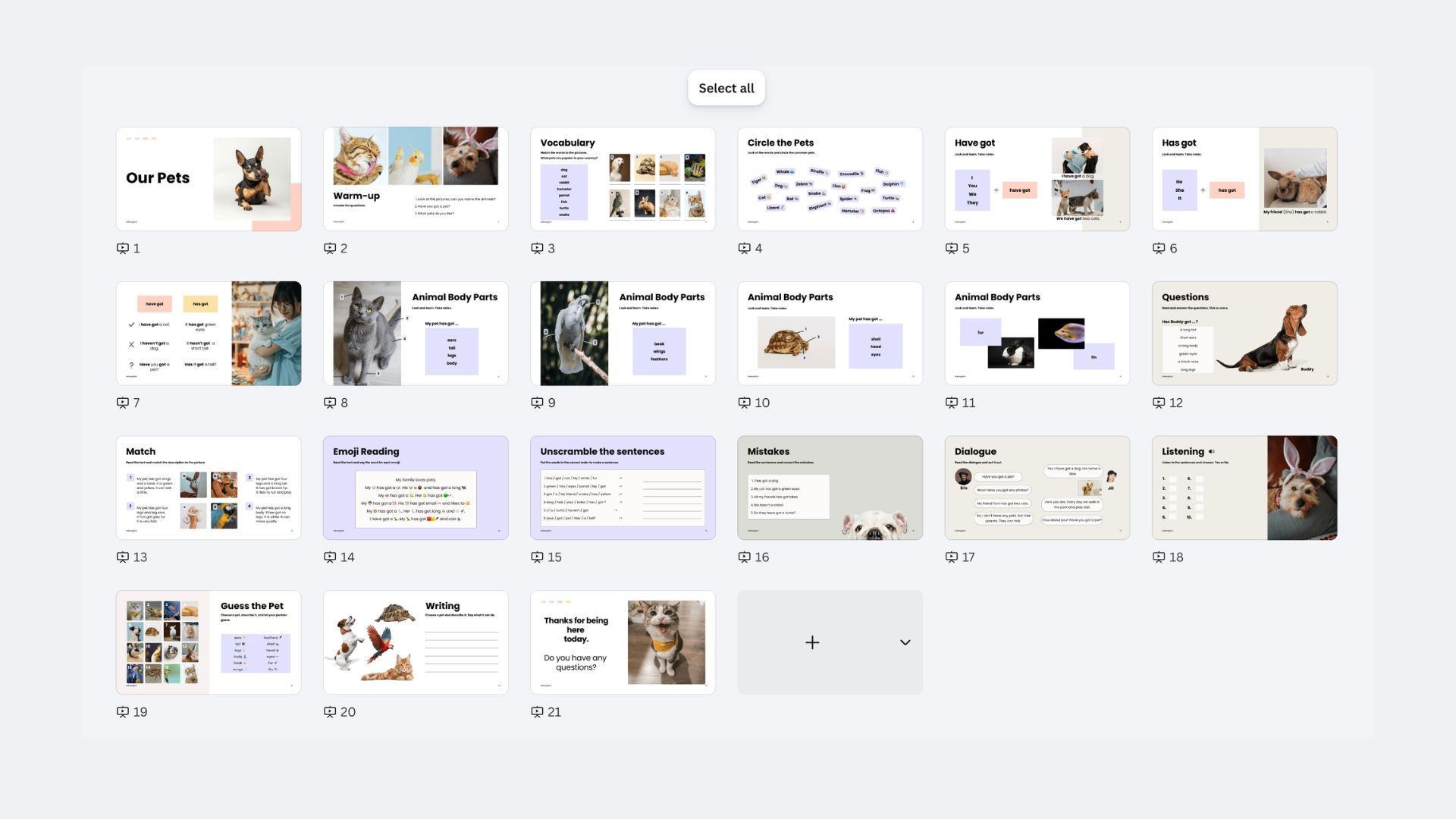 Slides with pet-themed activities, vocabulary, and quizzes displayed in a grid. Features animal photos and educational content.