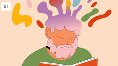 Illustration of a person with a purple and pink beard reading an orange book. Colorful shapes emanate from their head, set against a beige background. 