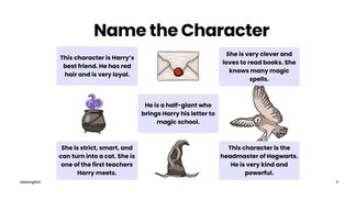 Text titled "Name the Character" with descriptions of Harry Potter characters. Drawings of a letter, owl, cauldron, and sorting hat accompany text.
