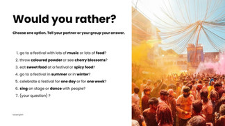 Text on left poses "Would you rather?" questions about festivals. Right shows a colorful, vibrant festival with people celebrating under a sunny sky.