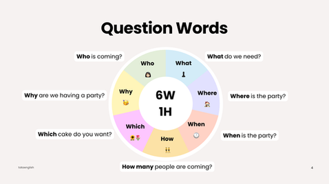Party-themed ESL lesson plans with different activities and question words practice.