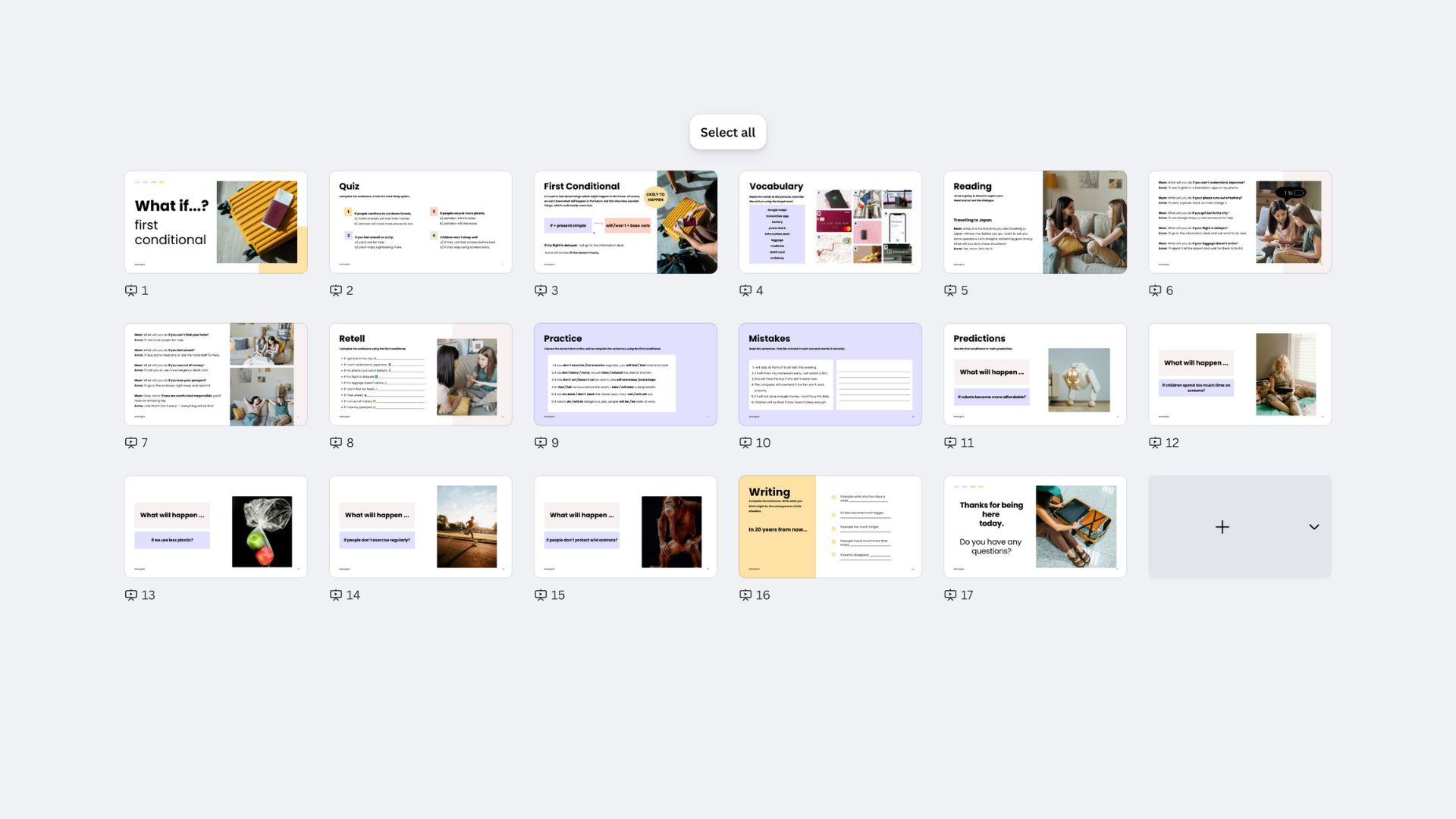 Thumbnail grid of presentation slides on grammar topics. Slides feature text, images, and various layouts on a white background.