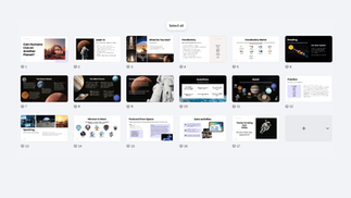 Grid of space-themed presentation slide thumbnails with titles like Can Humans Live on Another Planet? and Our Solar System.