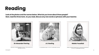 Reading page with black-and-white photos of Sir Alexander Fleming, J.K. Rowling, and Malala Yousafzai with their names below.