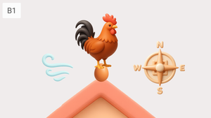 3D rooster perched on an orange roof peak, with wind swirls and a compass showing N W E S on a pale background, B1 label.