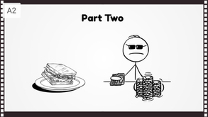 A2 slide titled Part Two shows a stick figure in sunglasses beside a sandwich on a plate and stacks of coins.