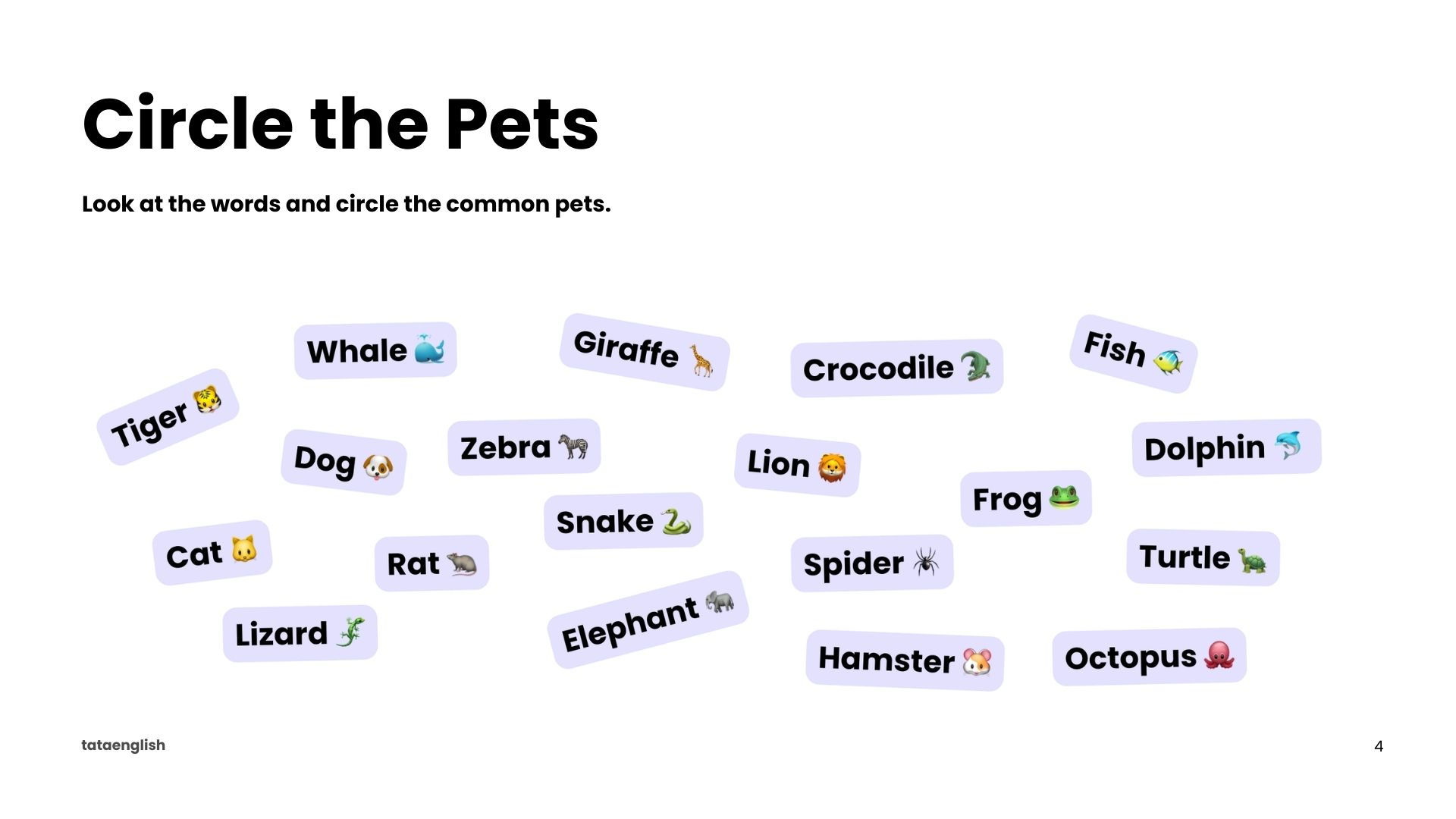 Text instructs to "Circle the Pets" among words like Tiger, Dog, Giraffe. Blue labels with animal emojis on white background.