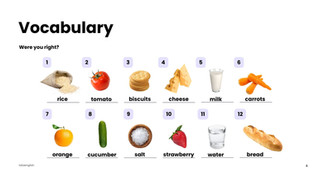 Vocabulary image showing 12 food items: rice, tomato, biscuits, cheese, milk, carrots, orange, cucumber, salt, strawberry, water, bread. Text: "Were you right?"