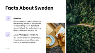 Facts about Sweden: Fika time with coffee and pastries, aerial view of dense green forests, highlighting nature and relaxation.