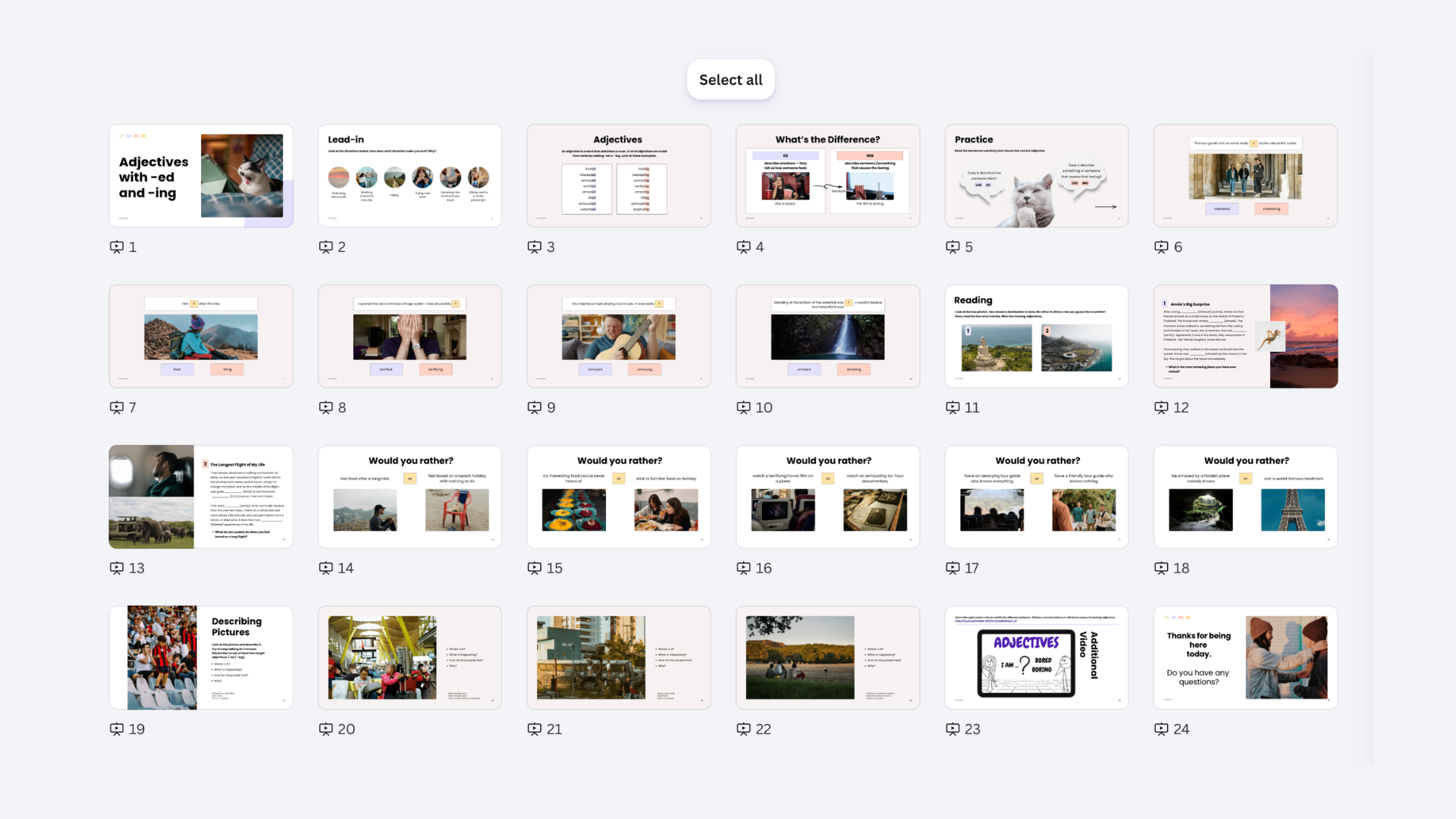 Grid of presentation slides about adjectives and -ed/-ing, with photos, examples, and a Select all button on a light background