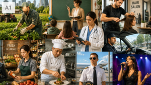 Collage of workers: farmer, teacher, doctor, hairstylist, cashier, chef, driver, pilot, singer; A1 text at top left.