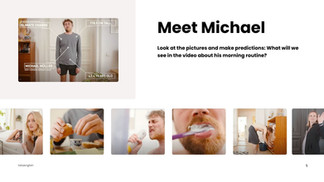 Man with beard pictured in various morning routine scenes; eating, brushing teeth, and looking concerned. Text notes height, age, and concerns.