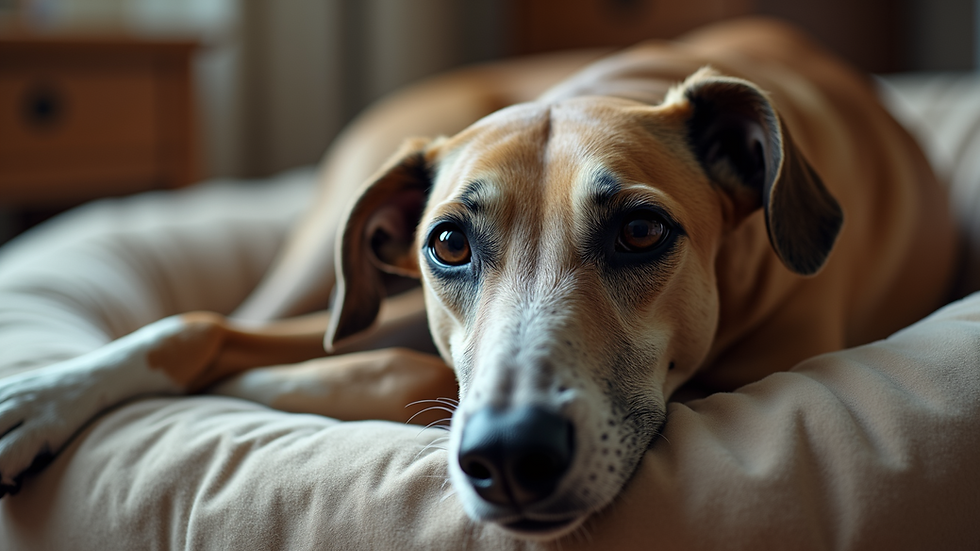 Eye-level view of a retired greyhound resting comfortably on a dog bed