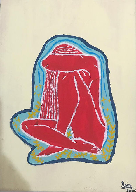 [Início da descrição da Imagem]  Pintura em papel, ao centro vê-se uma mulher pintada de vermelho, cujos contornos de seu corpo são definidos em branco.De cabelos longos e lisos, está sentada sobre ramos amarelos e abraça sua perna esquerda, onde apoia a cabeça enquanto os cabelos caem ao lado de seu corpo. A imagem está envolvida com uma camada azul clara contornada por uma linha azul escura. [Fim da descrição da Imagem]