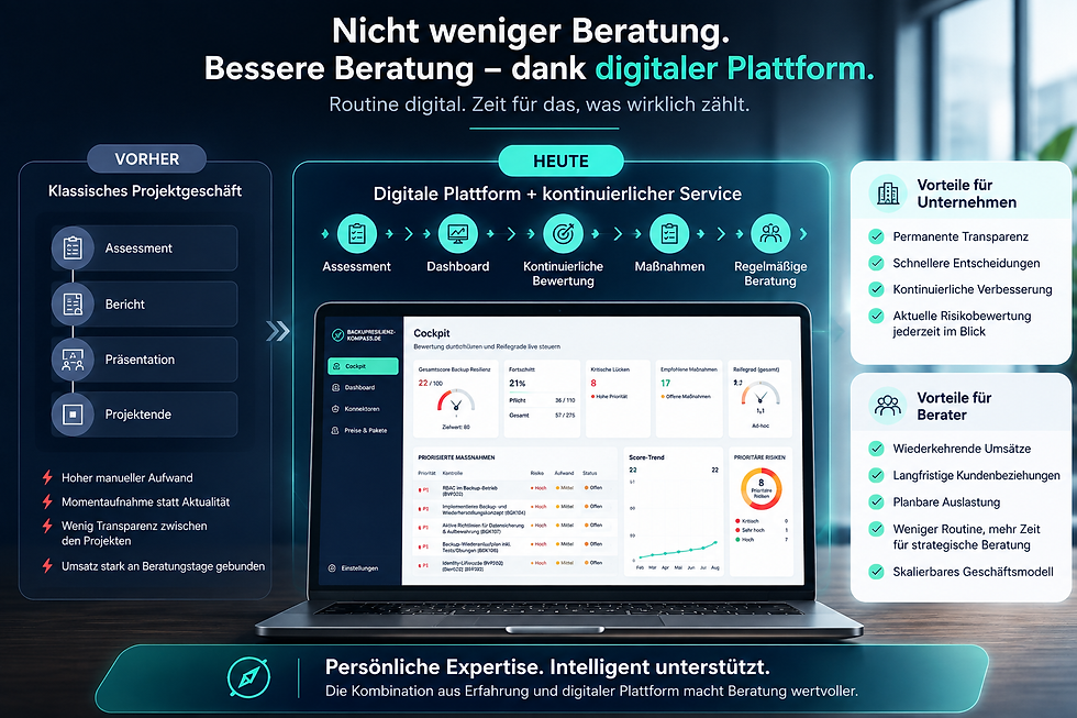 Infografik mit Laptop-Dashboard: Vorher klassisches Projektgeschäft, heute digitale Plattform; Nutzen für Unternehmen und Berater.