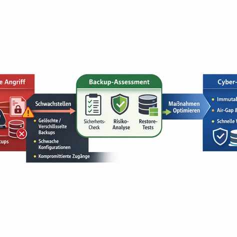 Das Diagramm zeigt einen Ransomware‑Angriff auf Backups, identifizierte Schwachstellen sowie ein Backup‑Assessment mit Sicherheits‑Check, Risikoanalyse und Restore‑Tests als Grundlage für Cyber‑Resilienz.