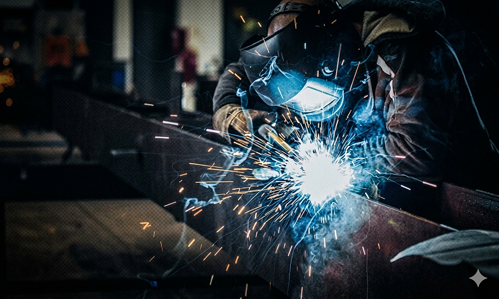 Welder creating custom metal fabrication with bright sparks