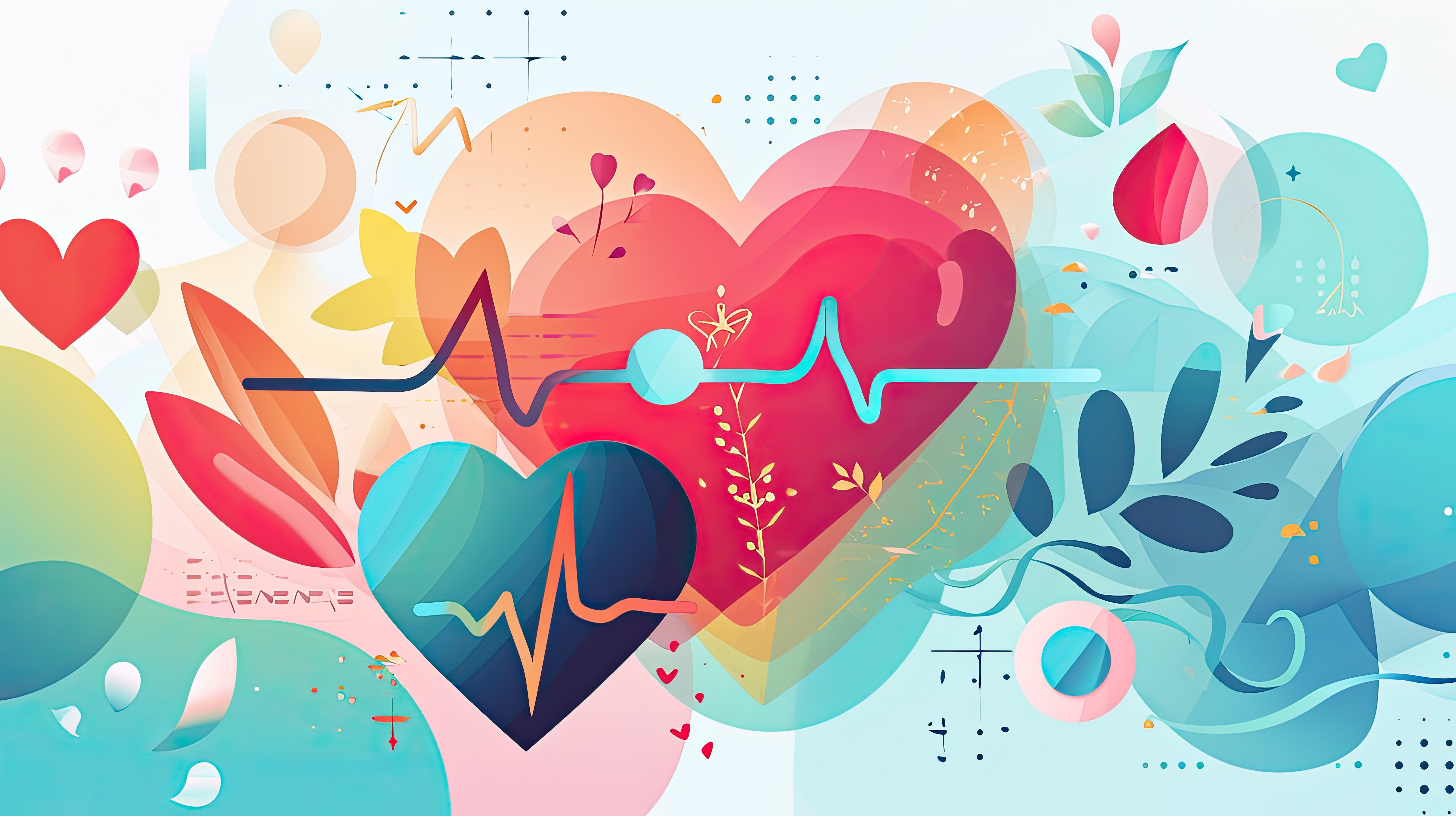 Decorative image of hearts, heart rate lines and plant life in various colors