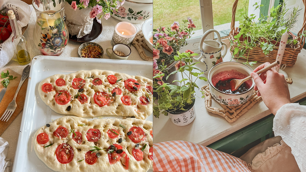 Split scene: focaccia dough topped with tomatoes on a tray, and a hand stirring berry jam by a flower-filled window.