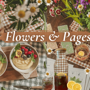 Berries on custard in bowls, surrounded by flowers, books, candles, and a checkered cloth. Text: Flowers & Pages. Cozy ambiance.