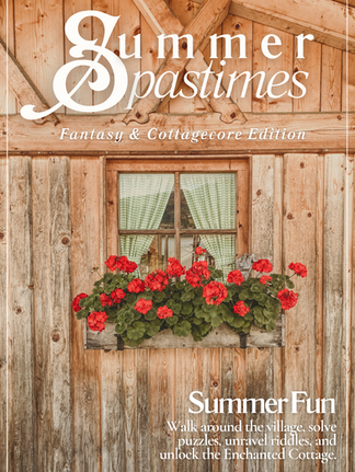 Cover of digital magazine called Summer Pastimes featuring the window with flowers of a wooden cabin