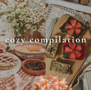 Cozy dessert spread with strawberry-topped cakes, pies, tea, flowers, and pastries on a wooden table; text reads cozy compilation