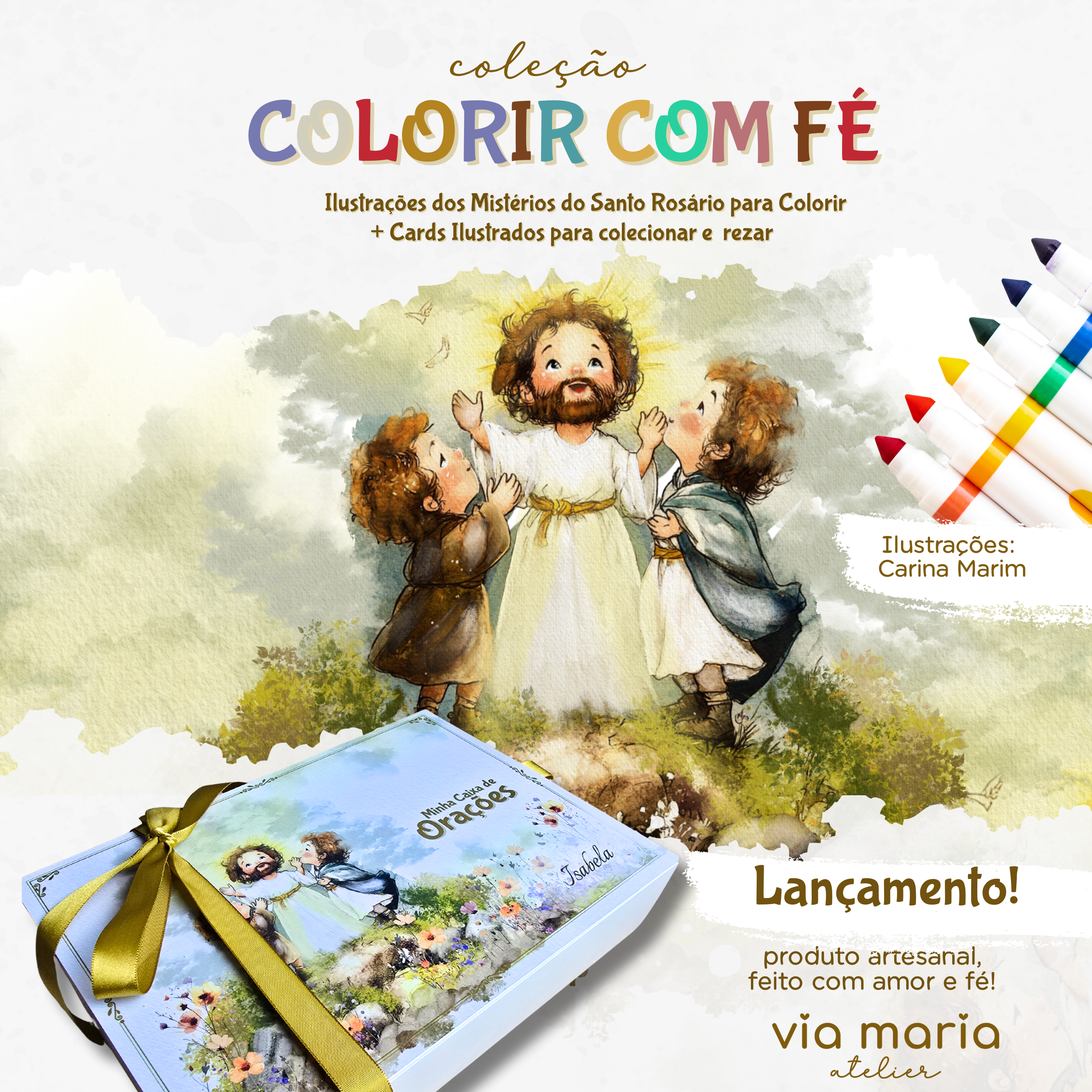 Caixa de orações + postal Virgem Maria + cards para colorir +cards ilustrados