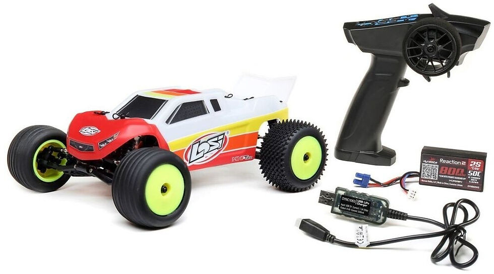 Losi Mini-T 2.0 2WD Stadium Truck RTR Rot Weiß mit Aluminium-Chassis, Mittelmotor, Öldruckstoßdämpfern und 2S LiPo Akku.