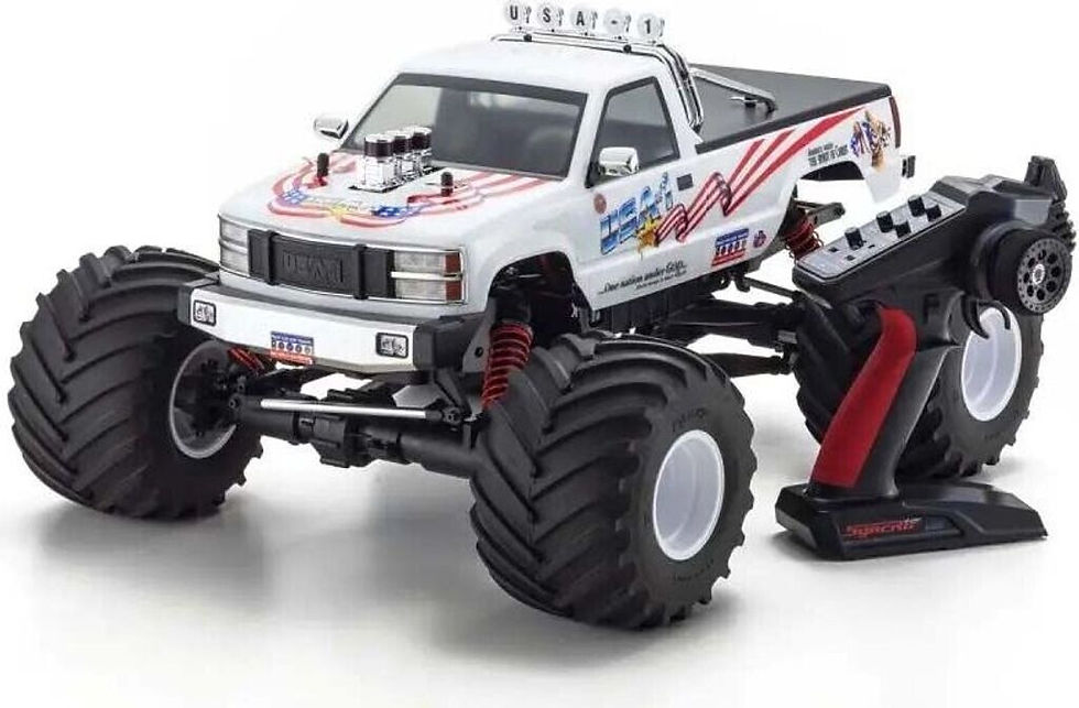 Kyosho USA-1 VE 1:8 Monster Truck mit 2300kV Brushless-Motor, 4WD-Antrieb, Starrachsen und detailreicher USA-1 Karosserie.