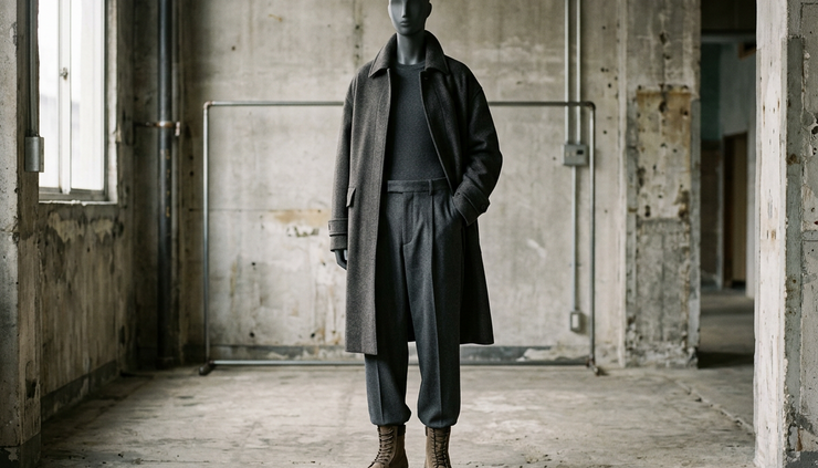 Eye-level view of a monochrome runway-inspired outfit on a mannequin in a raw industrial room