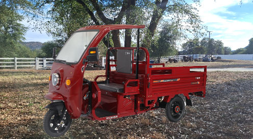 Light-duty electric utility e-truck, 3-wheel design, metal canopy, windshield, 1/2-ton capacity, commercial and personal use vehicle