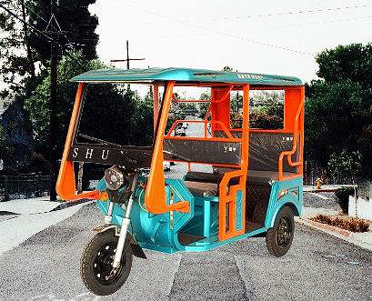 affordable and stylish electric tricycle with canopy and front fairing and side curtain that seats 3 adults with 650W motor and rechargeable 72V 32A lead acid batteries. golf cart alternative. 
