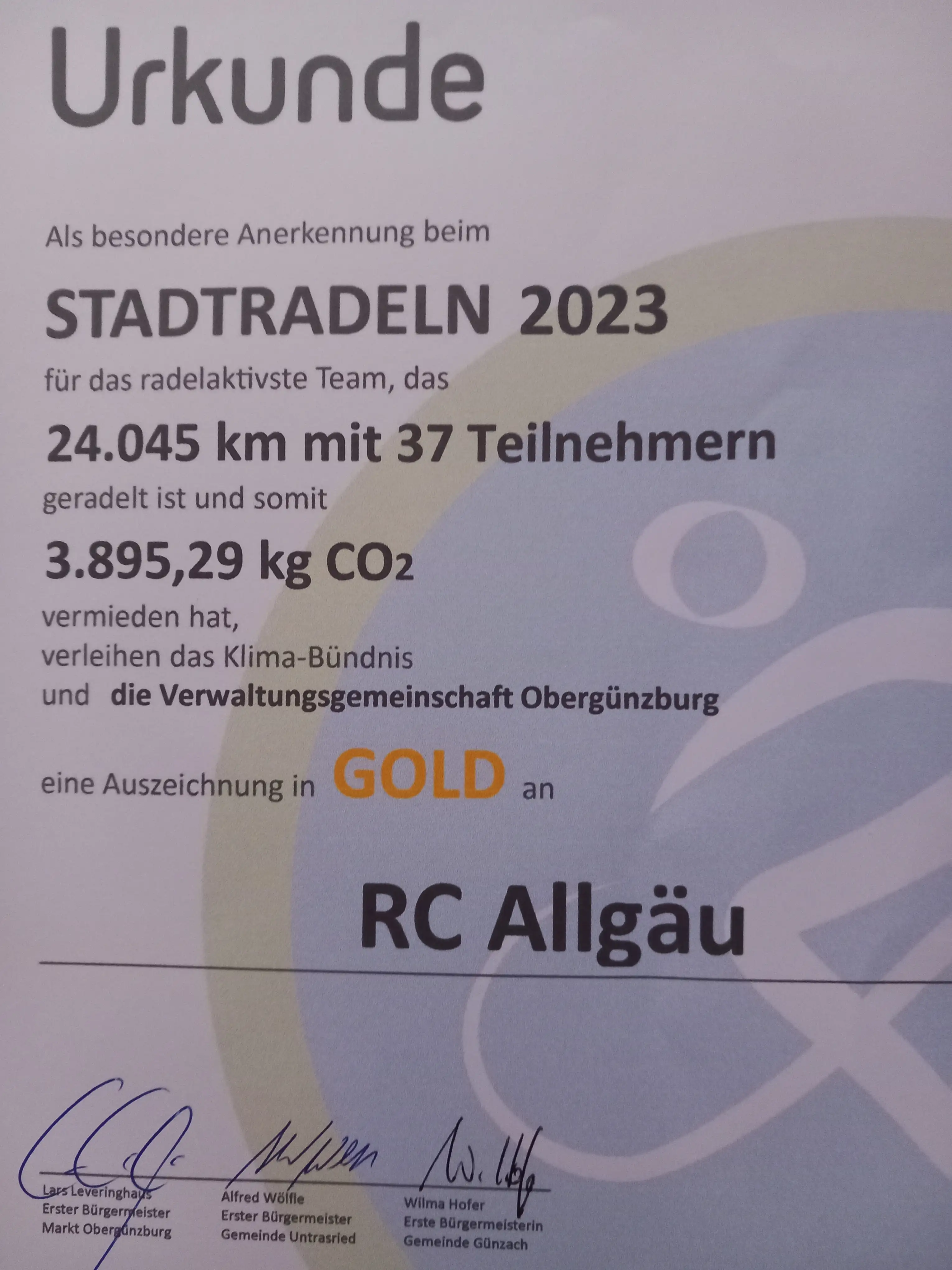 Urkunde vom Stadtradeln 2023 in Obergünzburg