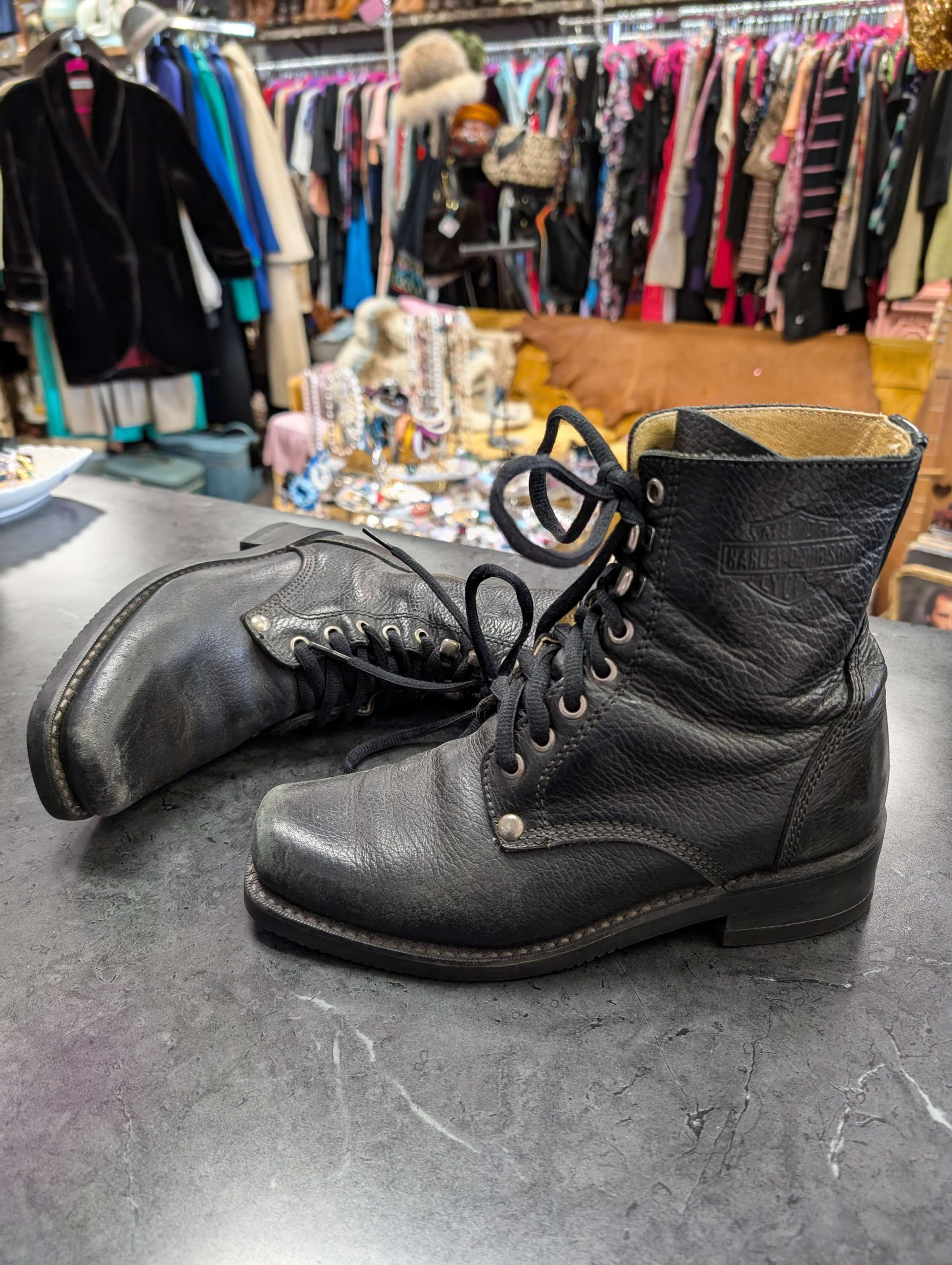 Harley Davidson Ladies Lace Tie Up Moto Motorcycle Riding Boots Black Leather 7M