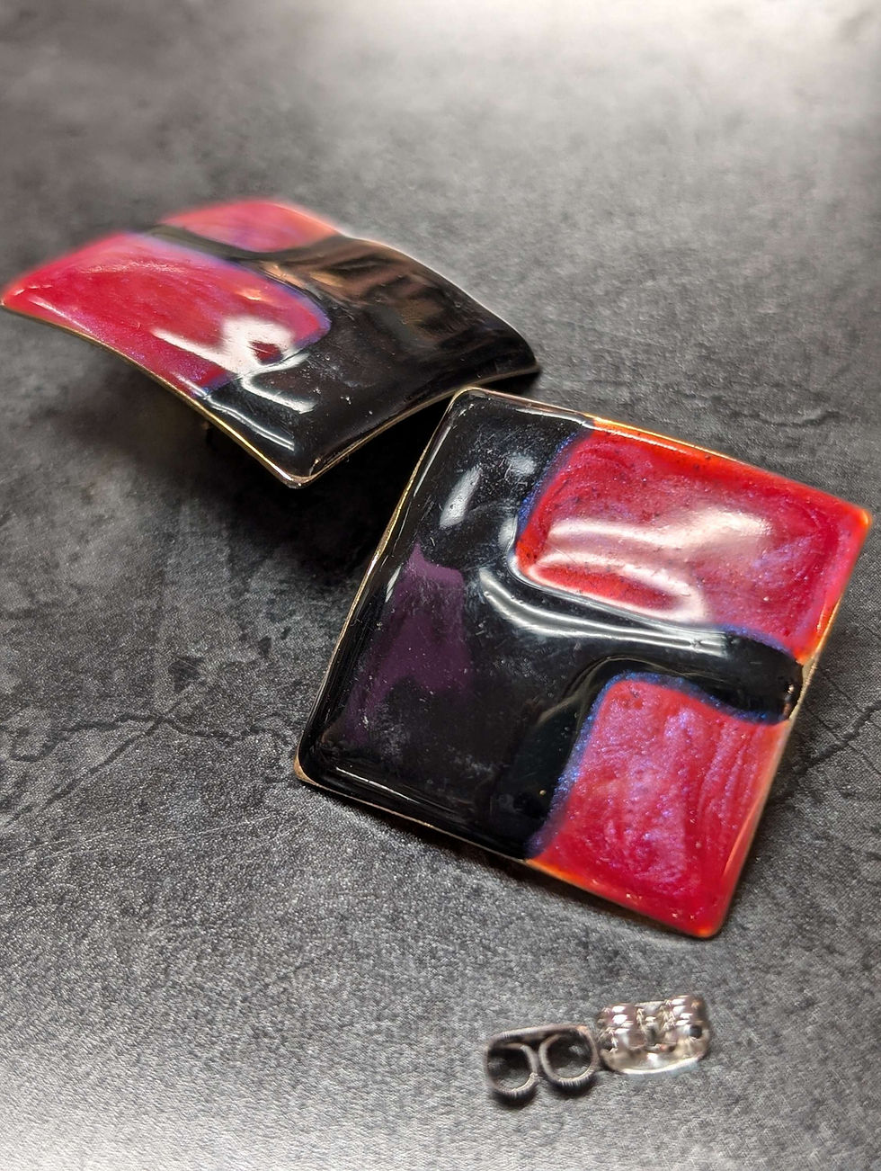 Thumbnail: Pretty and Vintage Metal Enamel Painted Square 80s Vibes Earrings