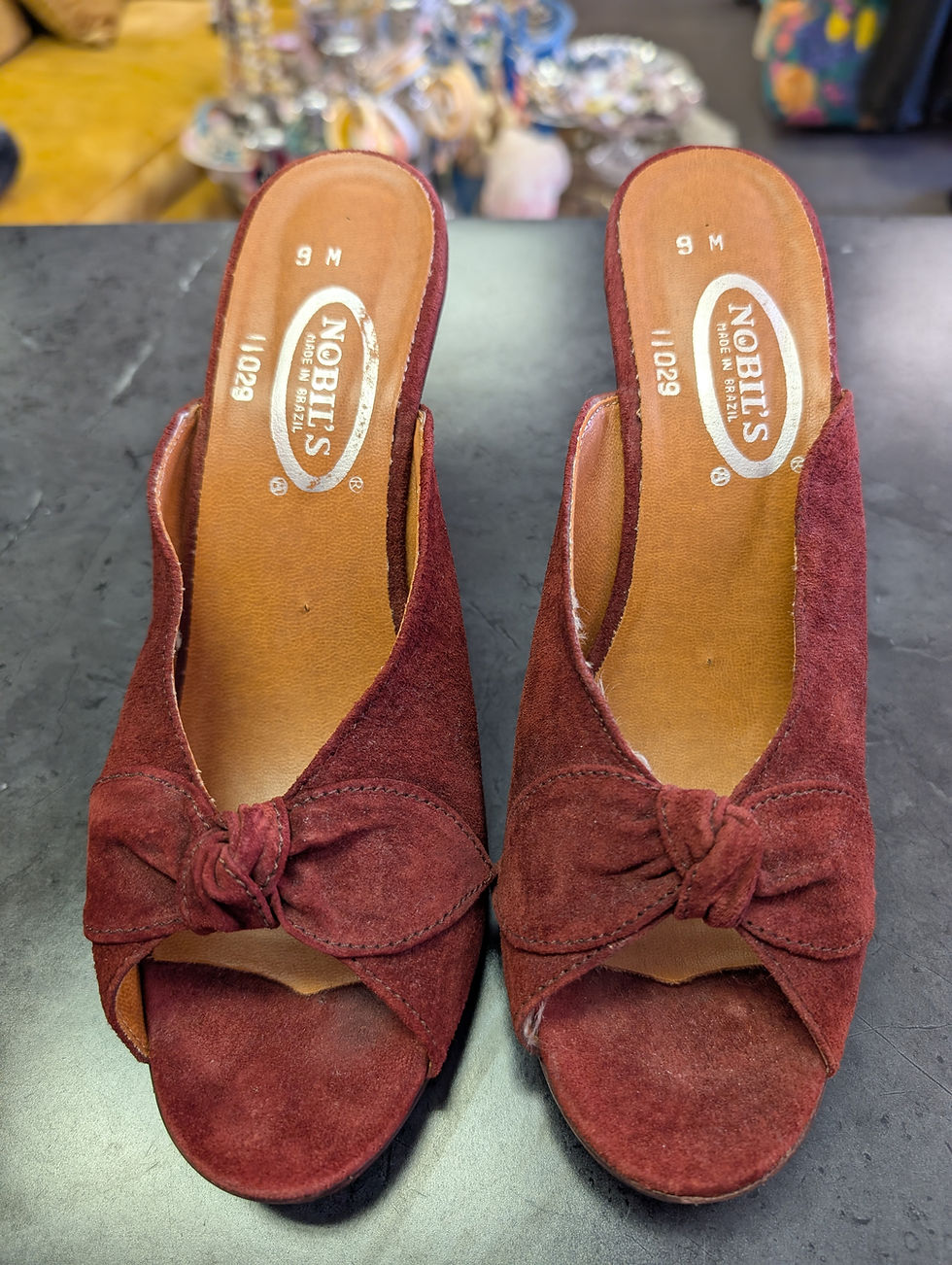 Thumbnail: Vintage Leather Suede Ladies 9M Nobil's Brazil Wooden stacked Heel Slides heels