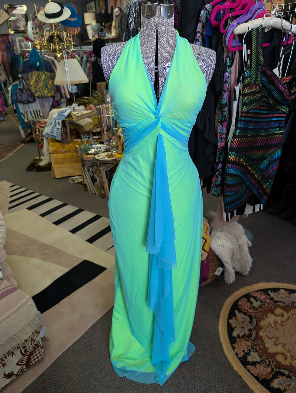 Thumbnail: Y2K Mary L Couture  Mermaid Long Dress Halter Style Neon Yellow Blue Green S 6