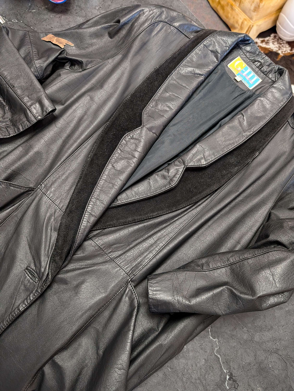 Thumbnail: Vintage Black Leather Suede Long Ladies Women Coat Jacket Dress Blazer Mob Wife