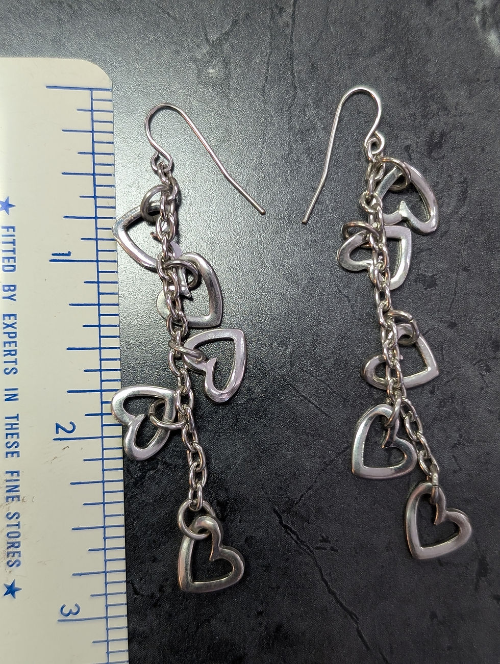 Thumbnail: Drop Hear Silver Tone chain earrings pierced ears dainty