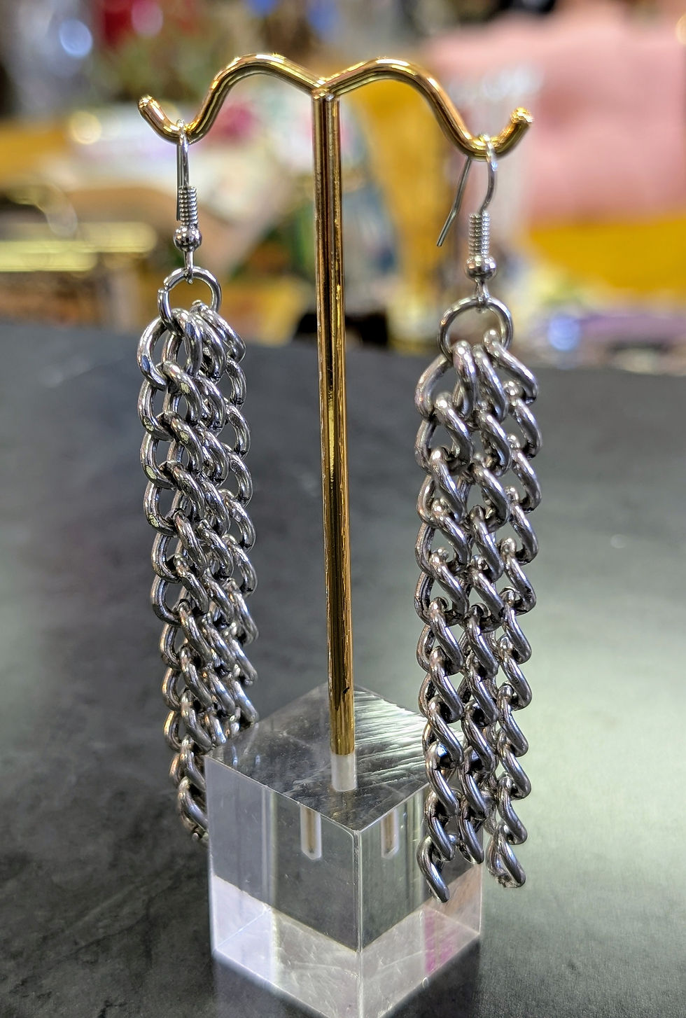 Thumbnail: Silver Tone Chunky Chain Link 3 stranded dangle drop earrings